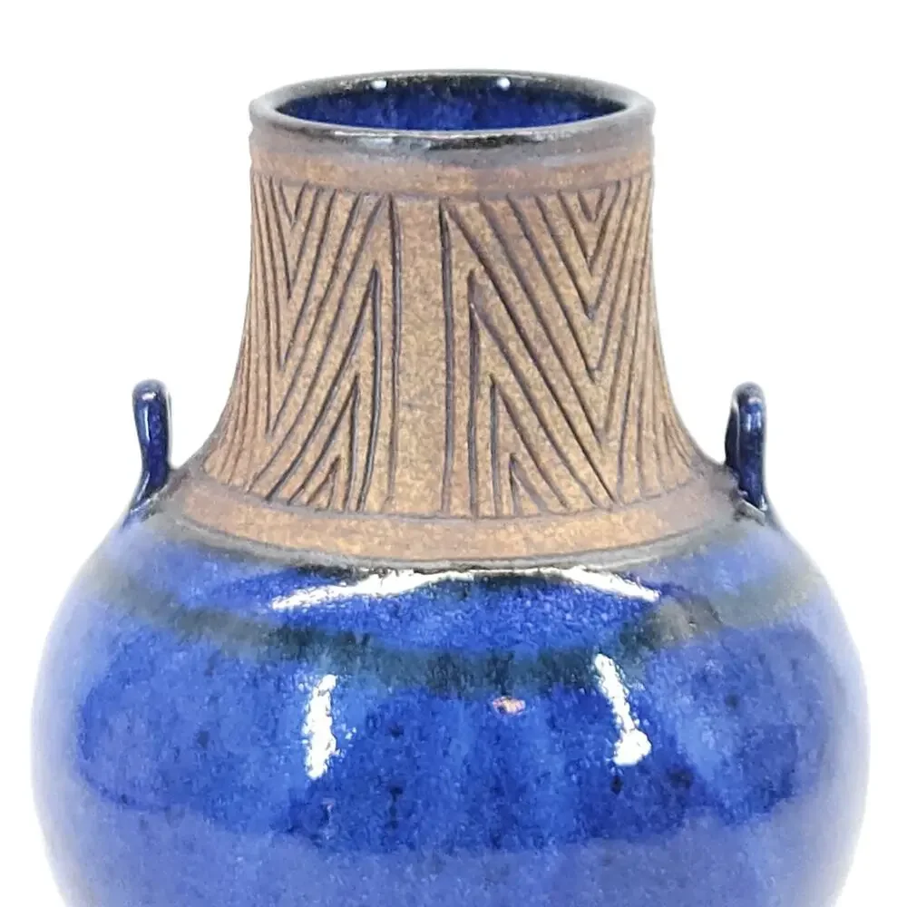 Studio‎ Art Pottery Flower Vase Blue Folk Art Rustic Signed Chohlidakis USA 8
